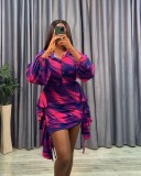 ZHEZHE 2023 Autumn New Women's Long Sleeve Top and High Waist Wrap Hip Short Skirt Set Fashion Print Party Two Piece Set