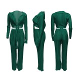 ZHEZHE Fashion pleated fabric elegant women two piece set long sleeve sexy tie-up top and pants matching suit pleated outfit