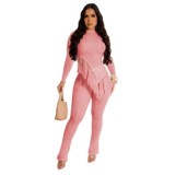 ZHEZHE Women Casual Two Pieces Leg Pants Set Sexy Fashion Irregular Tassel Long Sleeve Top And Slim Fit Pants Women Set