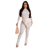 ZHEZHE Women Casual Two Pieces Leg Pants Set Sexy Fashion Irregular Tassel Long Sleeve Top And Slim Fit Pants Women Set