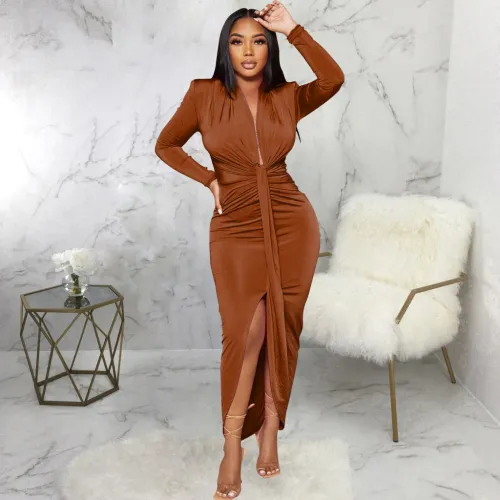 Women Long Sleeve Deep V-neck Draped High Waist High Split Asymmetrical Bodycon Midi Maxi Dress