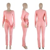ZHEZHE Women Casual Two Pieces Leg Pants Set Sexy Fashion Irregular Tassel Long Sleeve Top And Slim Fit Pants Women Set