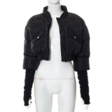 Winter Warm Clothes Cotton Long Sleeve Women Pockets Crop Top Coats Fashion Short Cotton Jacket