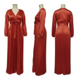 10334 Latest Design Spring Autumn Dresses Women Casual Maxi Dress Ladies Solid Color V-neck Lantern Sleeve Pleated Dress