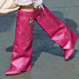 Hot Pink Rhinestone Knee High Boots For Women Wedge Heels Women's Luxury Designer Shoes Metal Lock Shark Boots