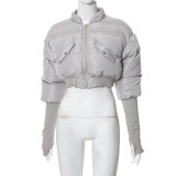Winter Warm Clothes Cotton Long Sleeve Women Pockets Crop Top Coats Fashion Short Cotton Jacket
