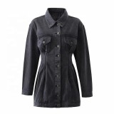 Fall Winter Vintage Washed Denim Dress Fashion Slim Fit Button Dress Turndown Collar Denim Jacket Dress