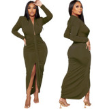 Women Long Sleeve Deep V-neck Draped High Waist High Split Asymmetrical Bodycon Midi Maxi Dress