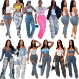 New design 2023 hot sell summer fall casual pocket cargo pants sexy hollow vintage wash women's jeans stretch hole ripped jeans