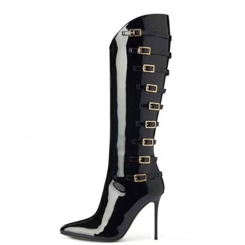 Large Size 46 Metal Buckles Slim Heels Shoes Women Pointed Toe  Patent Long Booty Side Zipper Sexy Knee High Boots