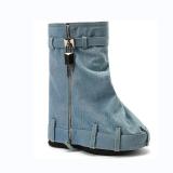 Brand New Thick Sole Women's Short Boots Denim Metal Lock Overlay Silver Ankle Booties Round Toe Flat Bottom Wedge Heels Shoes