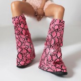 Size 48 3D Colorful Print Long Boots Wedge Heels Shark Lock Knee High Snake Booties Women Thick Bottom Flat Slip-on Shoes