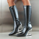 Women's Tiger Teeth Shape Heels Knee High Boots Ladies Animals Prints Shoes Wedge Heel Side Zipper Solid Long Booties