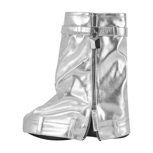 Brand New Thick Sole Women's Short Boots Denim Metal Lock Overlay Silver Ankle Booties Round Toe Flat Bottom Wedge Heels Shoes