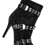 Full Diamonds Women Stiletto Thin Heels Short Boots Big Size 46 Belt Buckles Luxury Shoes Dress Wide Fit Ankle Booties