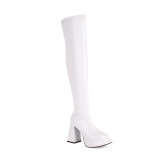 Women's Platform Square toe Thigh High Skintight Boots Chunky Heels Shoes Patent Leather Over Knee Long Booties