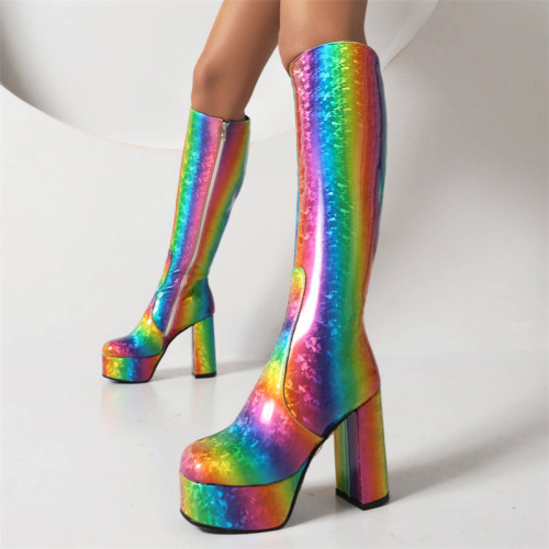 Support ODM/OEM drop shipping plus size PU leather custom print chunky platform sexy knee high boots heels