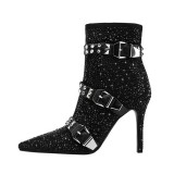 Full Diamonds Women Stiletto Thin Heels Short Boots Big Size 46 Belt Buckles Luxury Shoes Dress Wide Fit Ankle Booties