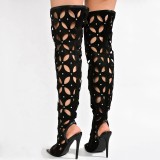 Women Wholesale Suede Cut Out Over Knee High Boots Peep Toe Stiletto Heels Diamonds Shoes Side Zipper Summer Long Booties