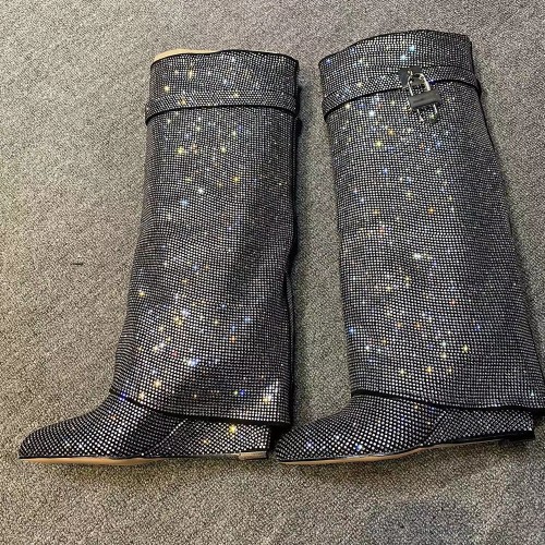 Full Diamonds Luxury Boots Soft Shiny Overlay Slip-on Wedge Heel Shoes Women's Metal Lock Knee High Boots