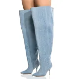 Light Denim Super Wide Top Women Over Knee High Boots Pointed Toe Shoes Long Booties Stilettos Camouflage High Heels Footwear