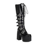 Big Size 48 Women Thick Platform Knee High Boots Heart Shape Metal Buckles Lace Up Chunky Heels Patent Booties Wide Fit Shoes
