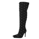 Large Size 46 Wide Top for Big Thigh Women's Suede Over Knee Boots High Heels Winter Shoes Metal Rivets Long Booties