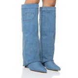 Custom Styles Women Blue Denim Overlay Knee High Boots Ladies High Wedge Heels Shoes Folded Pointed toe Long Booties