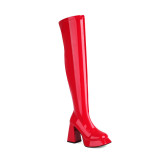 Women's Platform Square toe Thigh High Skintight Boots Chunky Heels Shoes Patent Leather Over Knee Long Booties