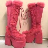 Women's Thick Chunky Heels Winter Long Boots Lace up Fur Shoes Round Toe Fashion Platform Block Heel Knee High Booties