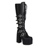 Big Size 48 Women Thick Platform Knee High Boots Heart Shape Metal Buckles Lace Up Chunky Heels Patent Booties Wide Fit Shoes