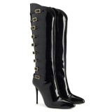 Large Size 46 Metal Buckles Slim Heels Shoes Women Pointed Toe  Patent Long Booty Side Zipper Sexy Knee High Boots