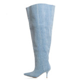 Light Denim Super Wide Top Women Over Knee High Boots Pointed Toe Shoes Long Booties Stilettos Camouflage High Heels Footwear