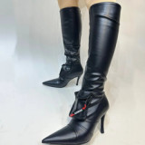 Women Thin High Heel Long Booties Sexy Point Toe Party Knee High Denim Boots Double Pockets Sewing Zipper Shoes