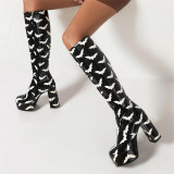Support ODM/OEM drop shipping plus size PU leather custom print chunky platform sexy knee high boots heels