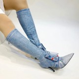 Women Thin High Heel Long Booties Sexy Point Toe Party Knee High Denim Boots Double Pockets Sewing Zipper Shoes