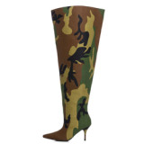 Light Denim Super Wide Top Women Over Knee High Boots Pointed Toe Shoes Long Booties Stilettos Camouflage High Heels Footwear
