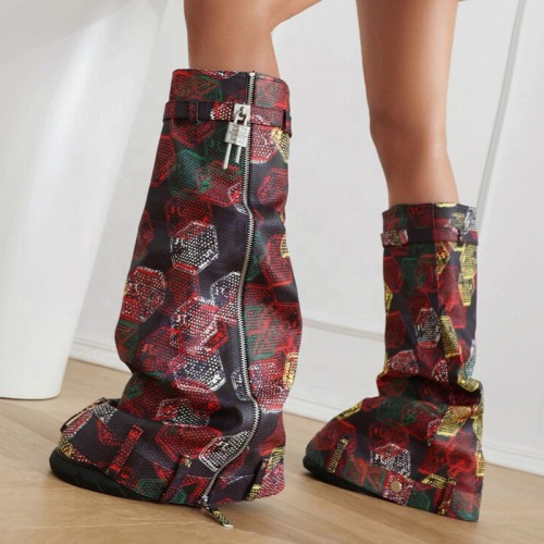 Size 48 3D Colorful Print Long Boots Wedge Heels Shark Lock Knee High Snake Booties Women Thick Bottom Flat Slip-on Shoes