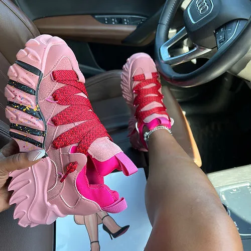 BUSY GIRL HR4816 Factory wholesale dropshipping women sneakers thick lace chunky sole colorful painting running shoes women