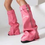 Wide Fit Big Size 48 Women Round Toe Overlay Shoes Lady Lock Shark Booties Cowgirls Zipper Thick Soles Knee High Boots