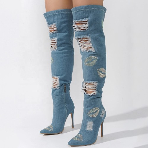 Big Size 44 Women Distressed Denim Over Knee High Boots Ladies Skinny Heels Thigh High Shoes Rhinestone Lips Jeans Long Booties