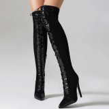 Large Size 48 Lace up Stretchy Thigh High Boots Women's Stiletto Over-knee Long Booties Thin Heels Wide Leg Fit