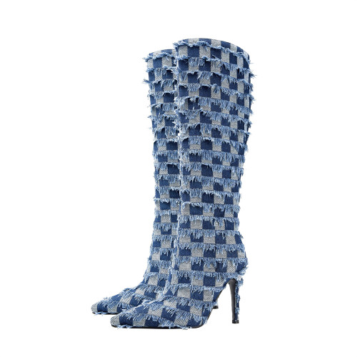 New Designed Pointy Checkered Tassel Denim Stiletto Heel Ankle Boots Super High Heel Side Zipper-Up Fashion Boots For Women