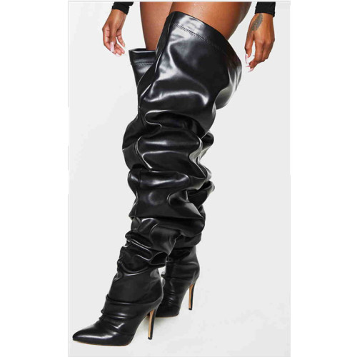 Sexy High Heel PU Upper Women Over Knee High Boot Thigh High Loose Big Size Solid Black Boots for Ladies Fashion