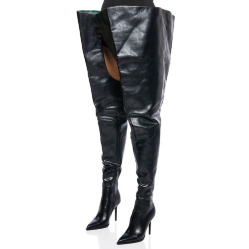 Super Wide Fit Top Women Over Knee High Boots Side Zipper Stiletto Ladies Pointed Toe Turn Over Shoes Thigh High Long Booties
