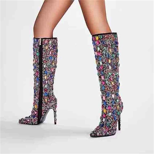 Newest Women Multi Color Glitter High Heels Boots Ladies Pointed Toe Side Zipper Shoes