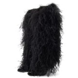 Fashion Women's Fur Thin High Heel Shoes Pointed Toe Party Fringed Long Boots Fluffy Feather Knee-Length Booties