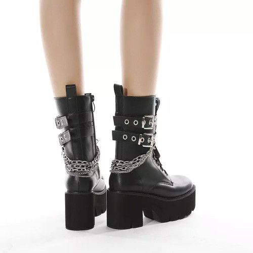 Full Stock Gothic Women Tall Boots Black Leather 8.5cm Chunky High Platform Women Punk Boots With Side Zipper