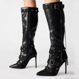 New Trending Silver Side Zipper Women's Knee High Boots Pointed Toe Metal Studded Cross Straps Long Booties Stiletto Heel Denim