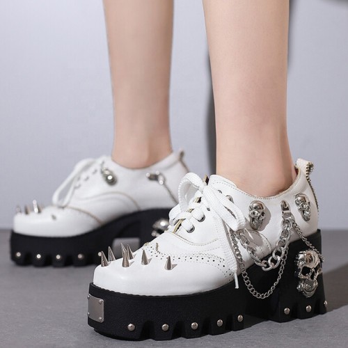 Large Size 46 Rocky Style Metal Skull Decor Pumps Fashion Rivets Chunky Heels Shoes Women Lace Up Chain Causal Booties